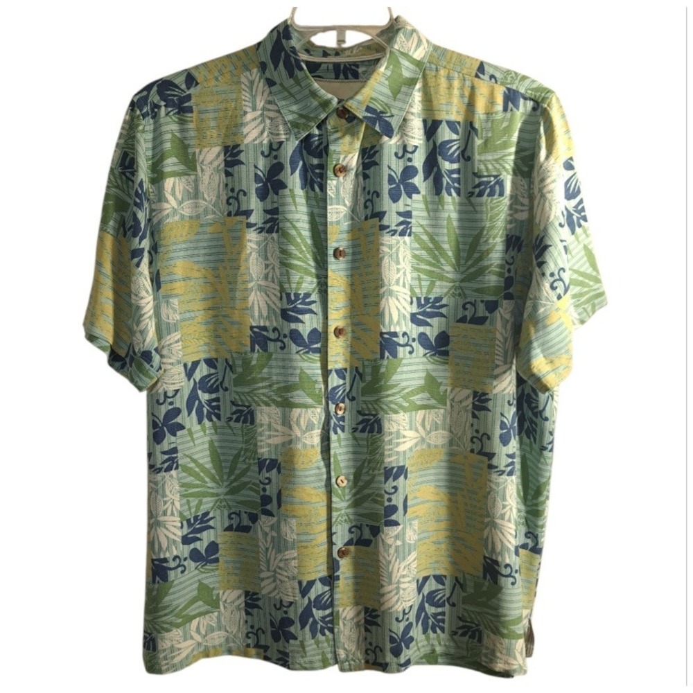 Island Republic Men's Hawaiian Shirt XL Green/Blue Floral Beach 100% Silk
